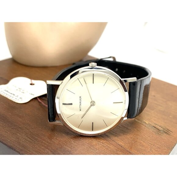 Wittnauer Men's Watch Vintage Swiss Hand Wind Thin 33mm Black Leather Band - Picture 9 of 16